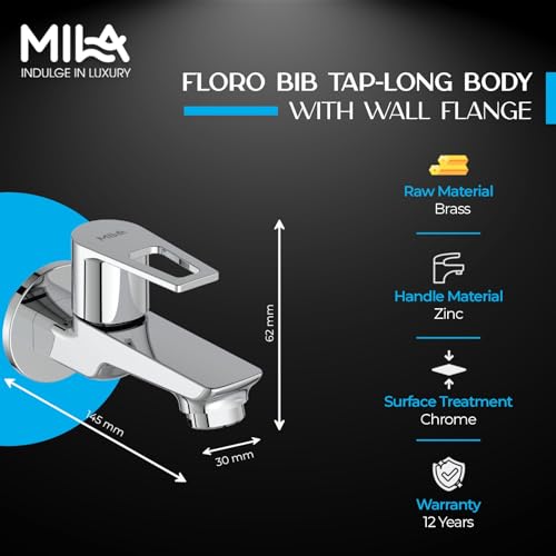 Image of Mila Floro Long Body Bib Tap with Wall Flange | Brass Body & Ceramic Disc | Chrome-Nickel Coating | Smooth Flow Aerator | inch BSP | Leak-Proof | Hard Water Resistant | Cold Water Use