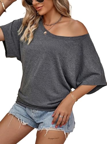 Image of Hilinker Womens Sexy Off The Shoulder Tops Short Batwing Sleeve T Shirt Oversized Casual Tee