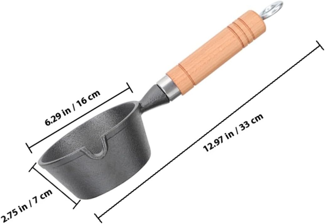 Cast Iron Mini Saucepan with Spout 16Cm Small Melting Pot Butter Warmer Pan Wood Handle for Indoor Kitchen Cooking