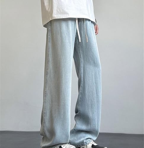 Men’S Wide Leg Jeans Mid Waist Loose Fit Straight Pants Casual Drawstring Closure Stonewashed Jeans4