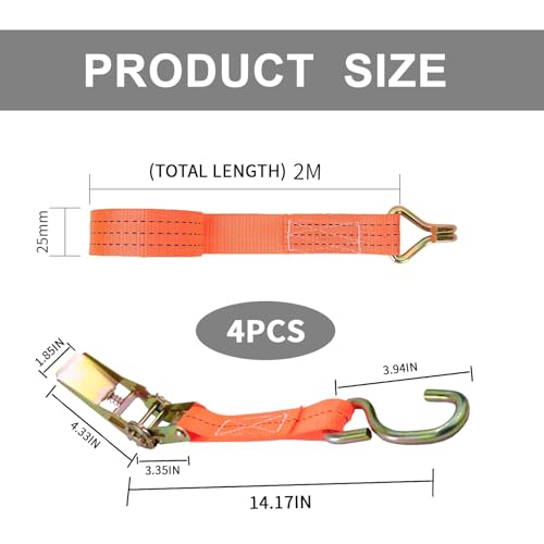4 Stück Spanngurte mit Ratsche Zurrgurt 2 m Lang 25 mm Breit Belastbar bis 800 kg Zurrgurt Orange Wetterfeste Basic Spanngurt Entspricht DIN EN 12195-2, für Ladungssicherung, LKW, Container, Trolleys
