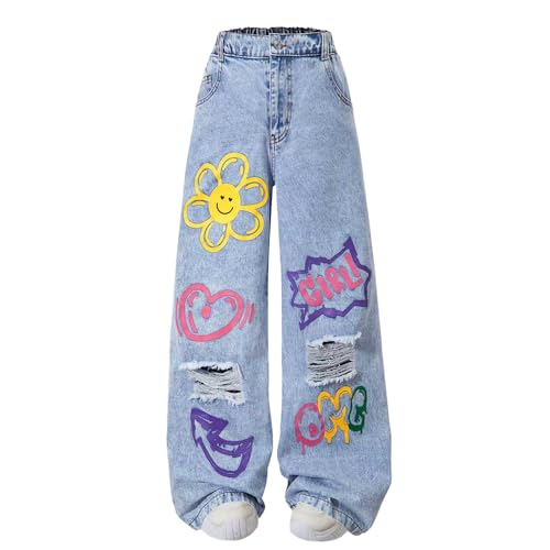 Nivne Tco Girls Baggy Jeans Graffiti Distressed Ripped Snowflake Wide-Leg Jeans Loose & Cute Straight Leg Pants (US, Age, 11 Years, Blue)