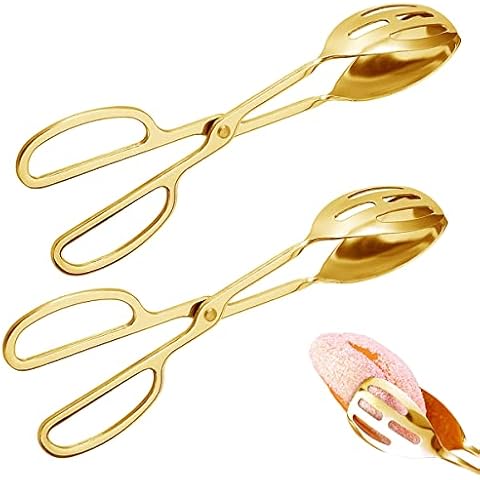 IAXSEE 2 Pieces Buffet Salad Tongs for Kitchen Serving and Cooking, Stainless Steel Food Scissor Tongs, Catering Utensil for Bread Cake Bake Steak Barbecue (Gold) Cover