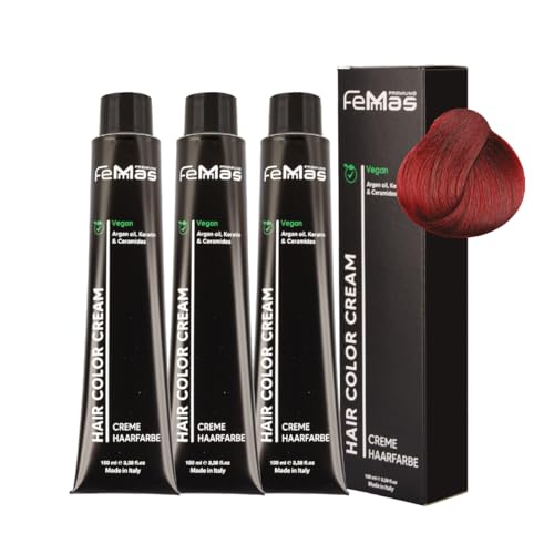 FemMas Haarfarbe 3x Dunkelblond Rot 6.6 I Creme Haarfarbe mit Arganöl, Keratin & Ceramiden I Als dauerhafte Haarfärbung oder Tönung für strahlende, haltbare Farbergebnisse I 100 ml