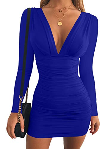 GOBLES Women s Sexy Long Sleeve V Neck Ruched Bodycon Mini Party Cocktail Dress Royal Blue