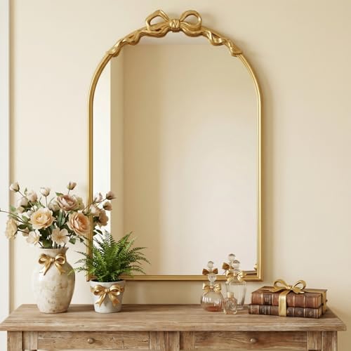 Image of Gold Arch Bow Mirror, 25 inchx16 inch Vintage Mirror with Metal Frame