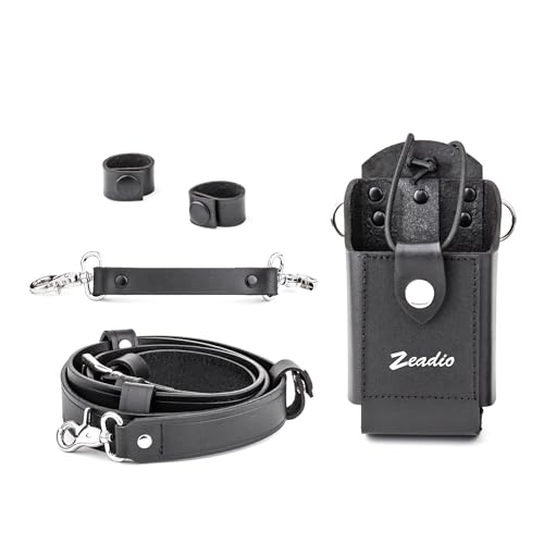 Zeadio Leather Walkie Talkie Holster with Adjustable Shoulder Strap Two Way Radio Holder Pouch with Belt Hook Fits All Radios for Police Firefighter Security Construction etc