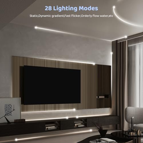 Image of Runing Water Flowing LED Strip Light 65.6ft 6500K White with Remote | Cool white led strip with touch panel wireless control, 28 modes, 24v dimmable tape lights for bedroom,ceiling,kitchen,party