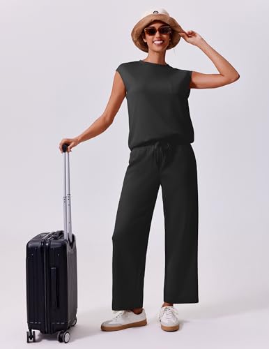 PINSPARK 2 Piece Sets for Women Summer Lounge Set Cap Sleeves Sweatsuit Cropped Wide Leg Pants 2025 Matching Travel Tracksuit4