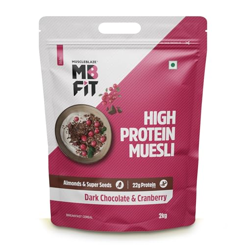 Image of MuscleBlaze Fit High Protein Muesli, Dark Chocolate & Cranberry, 2kg | 22g Protein | With Raisins, Almonds & Super Seeds,High Protein Breakfast Cereals