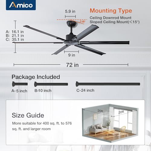 Amico Ceiling Fans without Lights, 72 inch Industrial Indoor/Outdoor Ceiling Fan with Remote Control, Reversible, 6 Blades, Noiseless, Black Ceiling Fan for Patio, Porch, Garage, shop, Farmhouse - Image 8