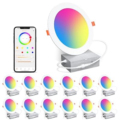 SikSog Smart Recessed Lighting 6 Inch RGBCW Color Changing 16W LED Downlight with Junction Box,1350 Lumen Recessed Ceiling Light Compatible with Alexa,Dimmable by Bluetooth Control -12Pack