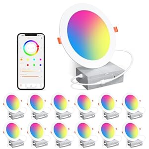 Smart Recessed Lighting 6 Inch RGBCW Color Changing 16W LED Downlight with Junction Box,1350 Lumen Recessed Ceiling Light Compatible with Alexa,Dimmable by Bluetooth Control -12Pack