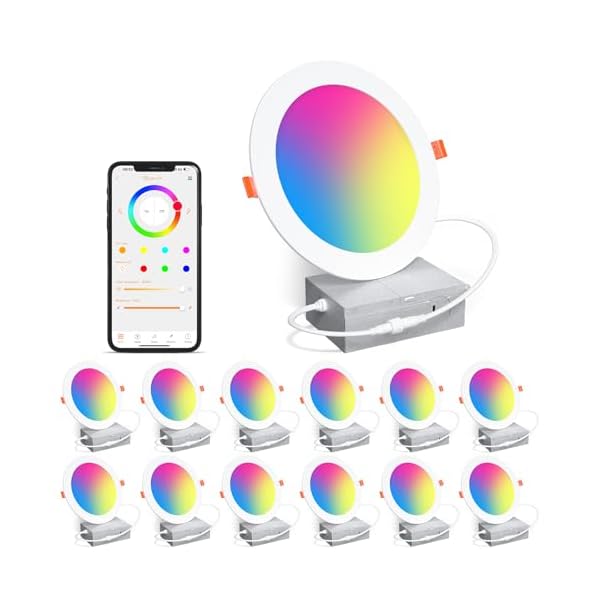 Smart Recessed Lighting 6 Inch RGBCW Color Changing 16W LED Downlight with Junction Box,1350 Lumen Recessed Ceiling Light Compatible with Alexa,Dimmable by Bluetooth Control -12Pack