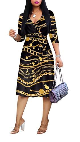 Image of Womens Plus Size Summer Dresses Sexy V Neck Midi Dress Faux Wrap Dress 3 /4 Sleeve Boho Casual Floral A-Line Skirts