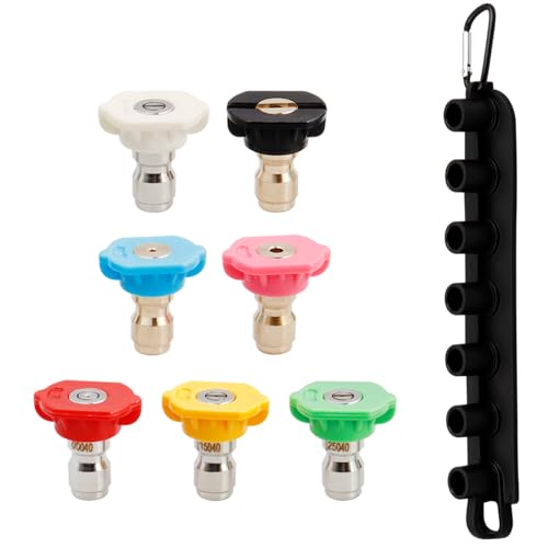 Mesee 7 Pieces Pressure Washer Spray Nozzle Tip Set Universal 1/4 Inch Quick Connect Pressure Nozzles Tips Multiple Degrees Water Washer Tips Attachment with Nozzle Holder for Home Car Deck Cleaning