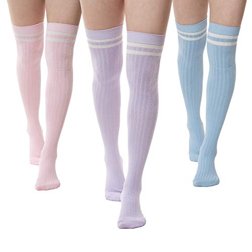 Chaussettes hautes à rayures en coton rose pastel pour femmes