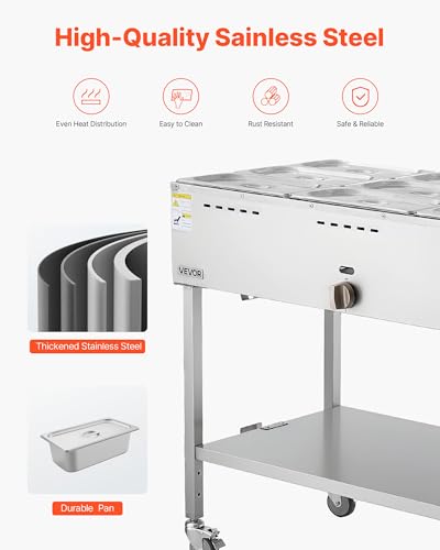 Image of VEVOR 9-Pan Commercial Propane Steam Table, LP Gas Outdoor Soup Warmer with Drain Valve and 3 inch Wheels, Stainless Steel Propane Food Warmer with Adjustable Temperature, for Restaurant Outdoor Camping