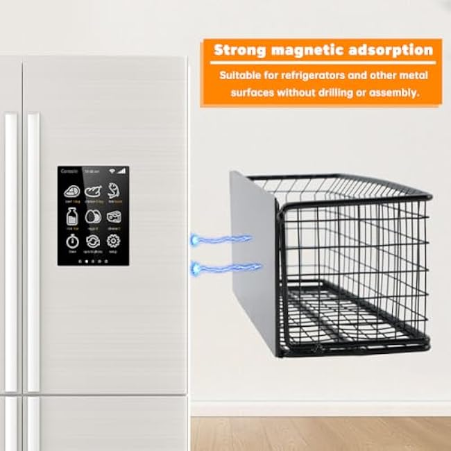 Magnetic Basket Magnetic Fridge Organizer, Magnetic Shelf for Fridge, Magnetic Spice Rack Wire Mesh Magnetic Organizer Holder Accessories(Black,Size:9.8x3.9x3inch)