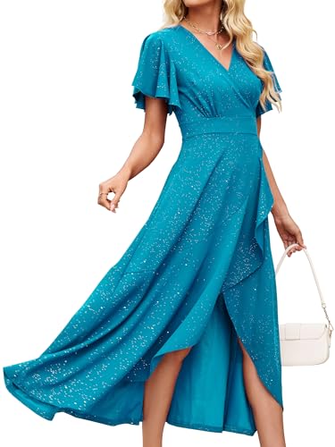 Image of Long Black Formal Dresses for Women Gowns Evening Party Cocktail Dress,Split Elegant V Neck Wrap Ruffle Wedding Guest Dresses