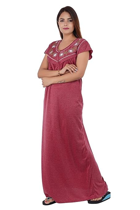 Image of Onekbhalo Women's- Full Sleeves-Feeding- Nursing- Maternity Nighty /Maxi /Gown /Nightdress /Nightwear- Hosiery Cotton Fabric- Floral Print- Embroidery with Zip