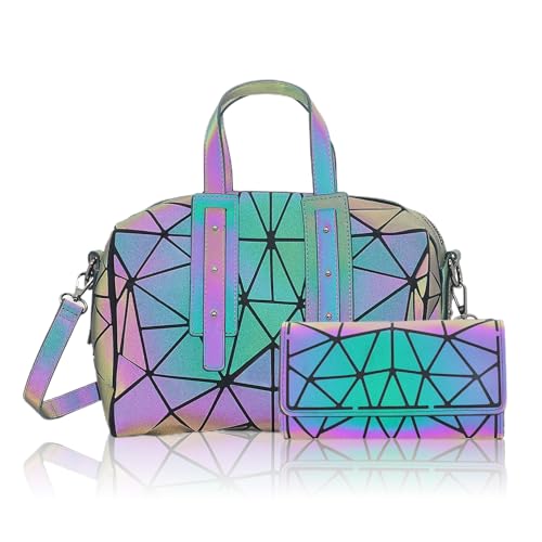 Geometric Boston Handbag for Women Geometric Luminous Purse and crossbody bag Geometric Bags and Holographic shoulder bag Set-G