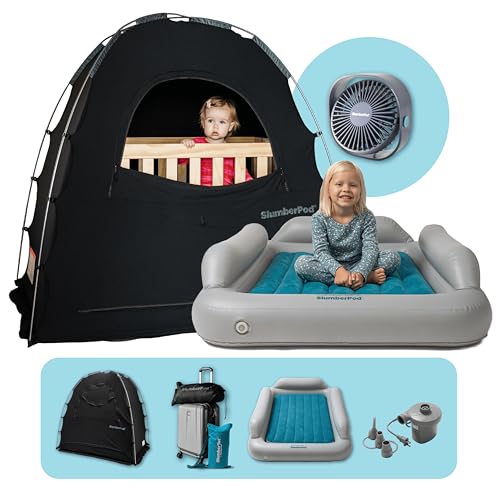 SlumberPod Perfect Pair Bundle with Fan Includes The Original Blackout Sleep Tent Pack n Play Cover, Blocks 95% Light & SlumberTot Inflatable Toddler Bed Portable Kids Air Mattress, Travel & Home Use