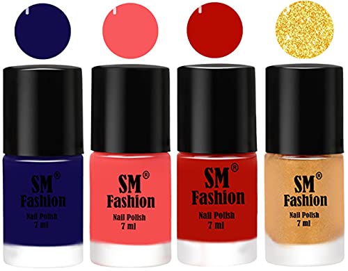 Image of Nail Polish Combo Set (Pack of 4) Quick Dry Gel Finish Nail Paint | Dark Blue,Light Pink,Red Orange,Light Golden | 7 ml Each