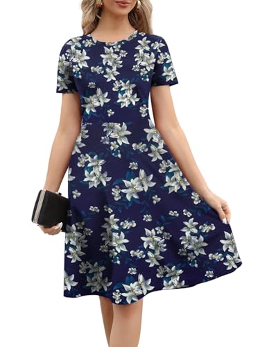 Image of Women's 2026 Fit and Flare Dress Summer Casual Elegant Vintage Floral Printed Work Party A-line Dress with Pockets 162