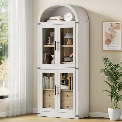 GarveeHome Arched Bookshelf with Doors and Drawers Farmhouse Bookcase 15.83in Depth Display Storage Shelves 71.4in Tall Wooden Display Cabinet Rounded Bookcases (White)