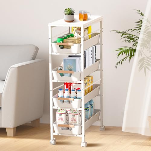 JNUYISW Carrito de Cocina de 5 niveles, Carrito Auxiliar con Ruedas Marco de Metal con 4 Cajones Extraíbles Carrito de Almacenamiento con Tablero de Madera para Baño, Cocina, Lavandería - imagen 5