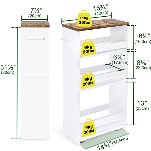 TEAMIX 4 Tier White Slim Storage Cart with Handle, 7.9\'\'W Slide Out Storage Rolling Utility Cart Mobile Shelving Unit Organizer Trolley for Small Spaces Kitchen Laundry Narrow Places