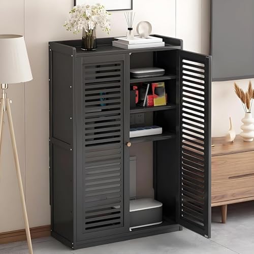 ルーターボックス ルーター 収納 Wi-Fiボックスハイダー 木製ラジエーターカバー 竹製 調節可能な棚付き 2枚扉 家庭用 リビング オフィス用(Black,97cm/38in)