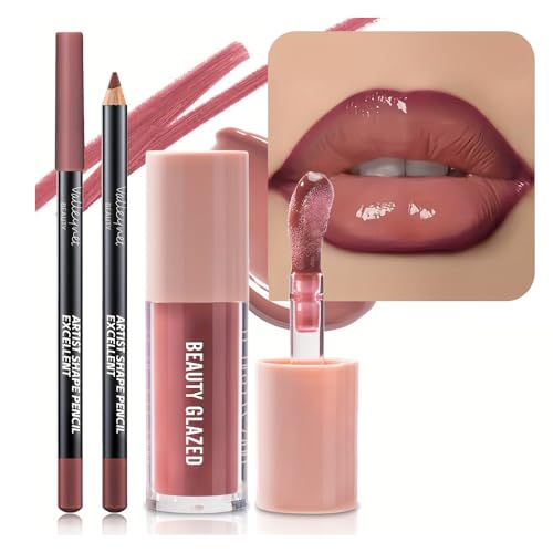 2Pcs/Set Lip Gloss & Lip Liner Set Berry Mauve Lip Plumping Effect Lip Combo Set for Juicy Plump Lips Fuller Looking Lips Gradient Lips & Glass Lips Look High Shine Volume Lips Viral Lip Combo