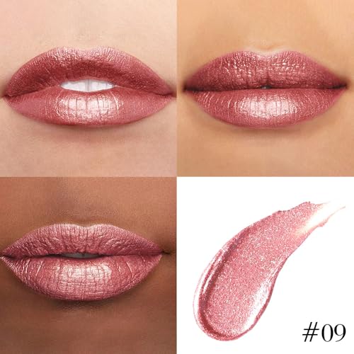 Image of evpct Pine Red Metallic Glitter Lip Liner and Lipstick Combo Lip Gloss Stain Set Makeup for Women Long Lasting Waterproof 24, Warm Pink Metallic Shimmer Frosted Iridescent Shiny Liquid Lipstick 09