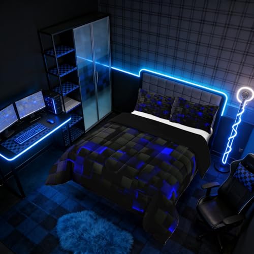 Image of Erosebridal Black Navy Royal Blue Comforter Set Full Neon Geometric Checkered Bedding Set for Teen Boys Gamer Room Decor,Abstract Stereoscopic Grids Quilt Square Plaid Check Bed Set 3 Pcs