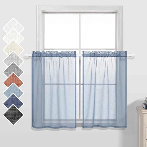 Image of KOUFALL Dusty Blue Short Curtains 24 Inch Length for Small Windows Set of 2 Pieces Sheer Kitchen Curtains 30x24 Long