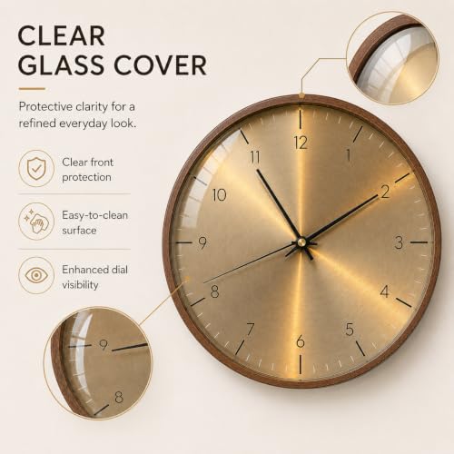 Image of ginoya brothers 12-Inch Round Wall Clock, Silent Non-Ticking Quartz Sweep Movement, Easy-to-Read Easy-to-Read Analog Display Living, Office & Home Decor (Gold)