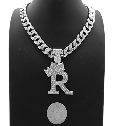 New Initial Alphabet Letter Pendant 10Mm/18",20",24" Ice Bling Cuban Chain Fashion Necklace Rc4088 (20, Silver "R") #TOP3