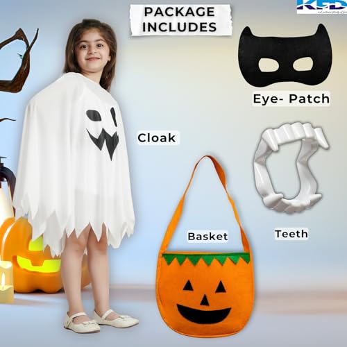 Image of Kaku Fancy Dresses Polyester Halloween White Robe /Cloak With Teeth, Mask & Basket Combo Fancy Dress Halloween Costume For Kids, 7-8 Years