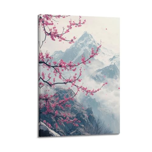 Poster de paysage fleurs roses et montagnes enneigées JIDUHON en toile encadrée 40x60 cm