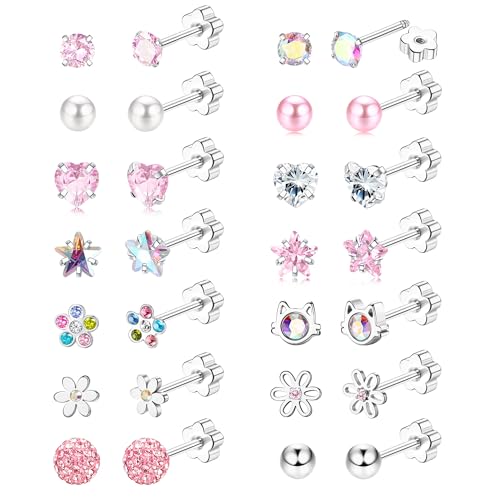 JeweBella 12/14Pares Pequeños Pendientes Niña Plata Pendientes Acero Quirurgico Hipoalergenicos Pendientes Flor Perla Estrella Corazón Circón Multicolor Juego de Pendientes Mujer Niña