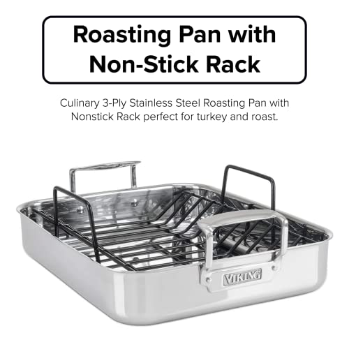 Image of Viking 3-Ply Stainless Steel Roasting Pan with Non Stick Rack, 16 x 13 Inch Kitchen Cookware, Great for Turkey, Dishwasher and Oven Safe, Induction Ready, Silver