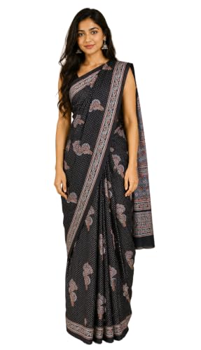 Image of Ethnics of Kutch Womenss Ajrakh Modal Silk Natural Dye Hand Block Print Saree with Blouse Piece - 5.5 Mtr Length