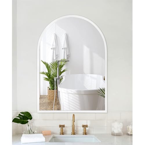Image of Arch Wall Mirror Bathroom Mirror White Metal Framed Mirror, Arched Metal Wall Mounted Vanity Mirror for Bedroom, Entryway, Living Room 26 inchx18 inch