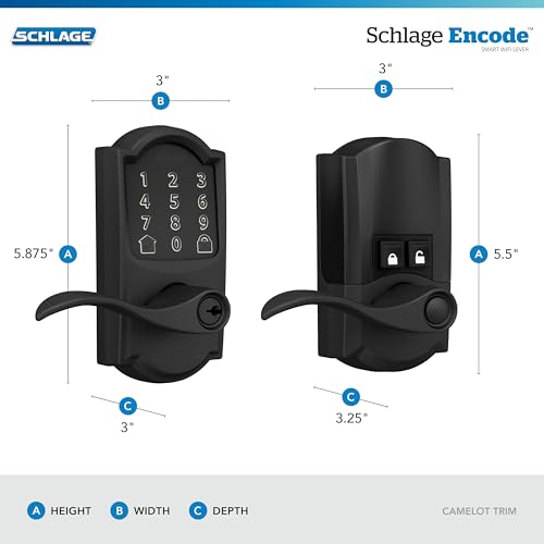 Image of Schlage Encode Smart WiFi Lock, Lever Handle, Century Trim, Matte Black | Keyless door lock with handle, Touchscreen keypad, App control, Alexa, Google, Ring & Airbnb compatible, Certified security