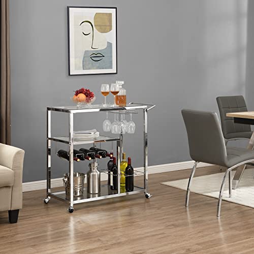 Lefhda Glass Bar Cart With Wine Rack&Glass Holder, Kitchen Serving Cart With Wheels&Handle, 3-Tier Kitchen Trolley With 3-Tier Glass Shelves Metal Frame, Silver #TOP2