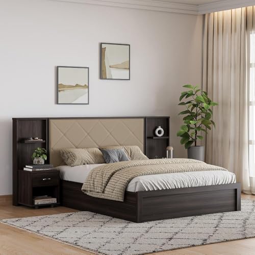 Image of Wakefit Bed | 3 Yr Warranty | Bed Queen Size, Storage Box & Beige Fabric Cushioned Upholstery Headboard, Density:680-750kg /m, Termite & Borer Resistant, Fits Mattresses Up to 8 inches(Noctis78x60-WM)
