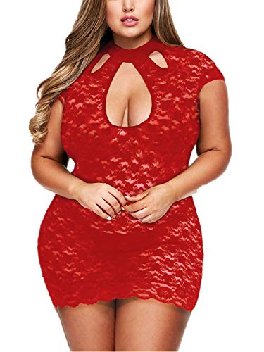 Plus Size Lingerie for Women Bust Keyhole Lace Babydoll Chemise Mesh Sleepwear (R012,Red, XXX-Large)
