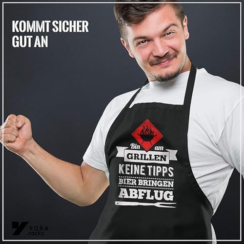 Foto von YORA Grillschürze für Männer lustig - Vatertagsgeschenk - Bin am Grillen - Kochschürze Inkl. personalisierbarer Urkunde - lustige Geschenke zum Vatertag (Bin am Grillen) (Classic)